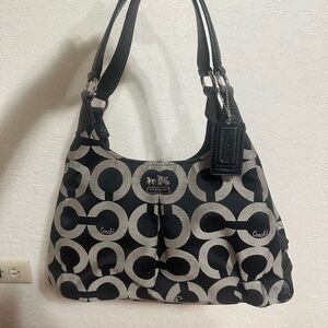 Coach Black and Gray Shoulder Bag with Monogram Design